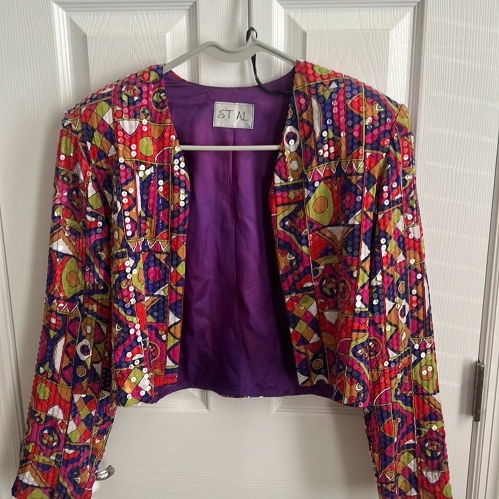 Et Al Sequin Jacket Colorful‎ Abstract Pattern Cropped Blazer Size 12 Vintage
